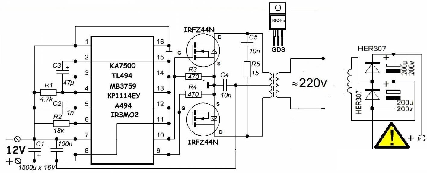 Электрическая схема преобразователя напряжения 12-220 вольт