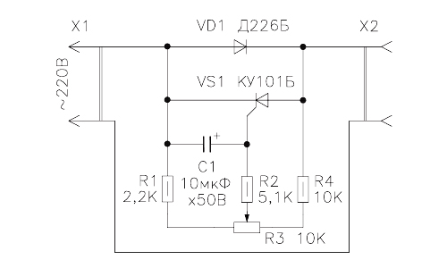 Схема регулятора температуры, собранная на тиристоре КУ 101Б