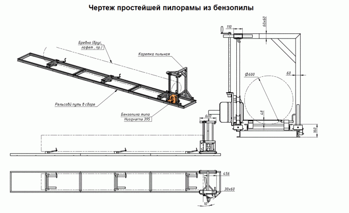 Чертеж простейшей пилорамы изготовленной из бензопилы