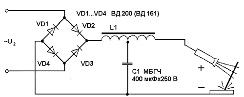 Принципиальная электрическая схема мостового  выпрямителя сварочного аппарата, с указанием полярности  при сварке тонколистового металла